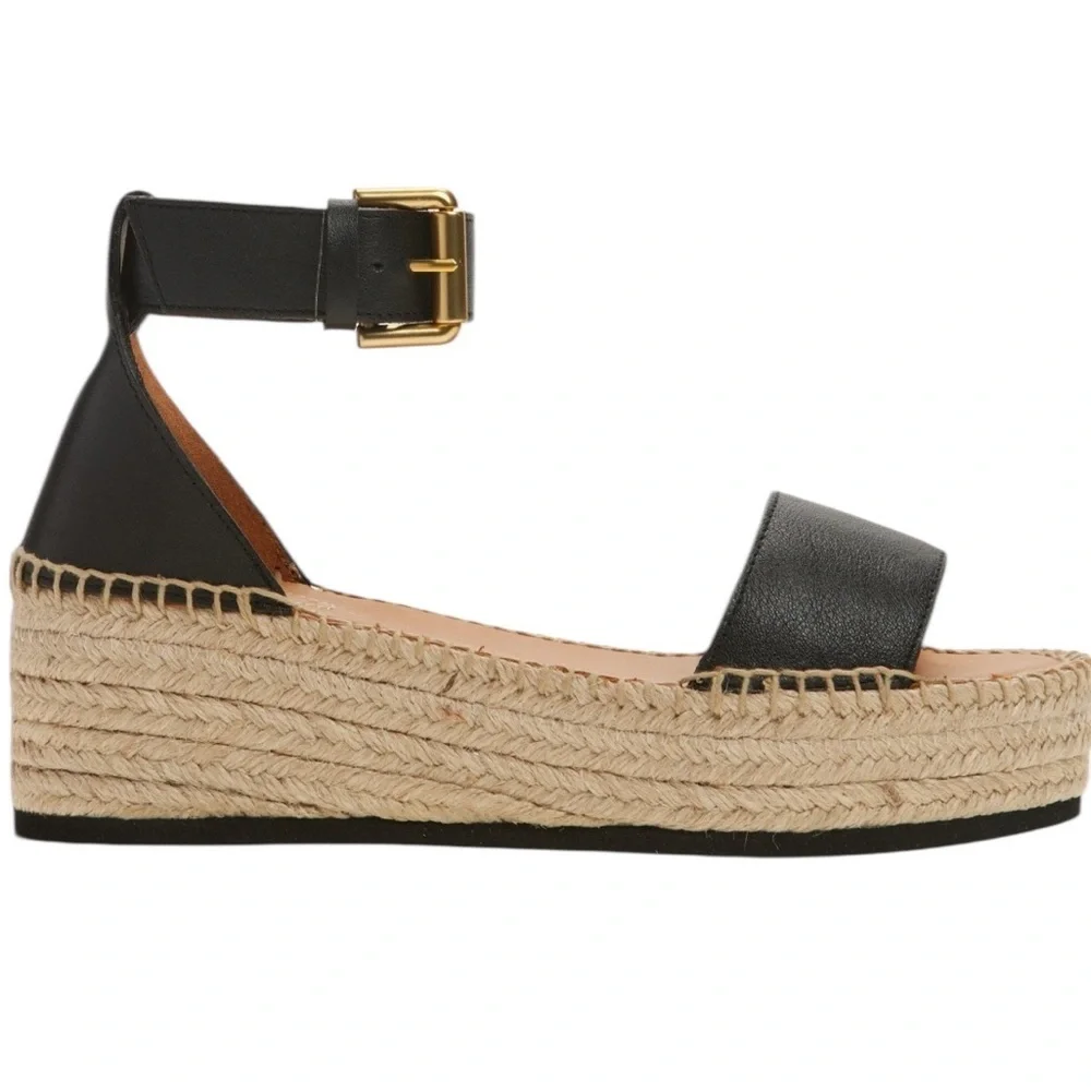 See by Chloe Glyn Espadrilles Wedge Black Leather Ankle Strap Sandals Sz 40